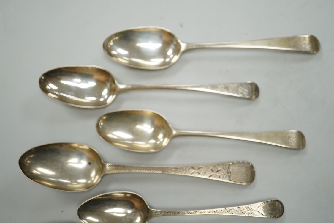 A pair of George III Old English pattern table spoons by Sumner & Crossley, London, 1778, 21.6cm, together with ten other items of Georgian and later silver flatware, including table spoons, teaspoons and a fork, various